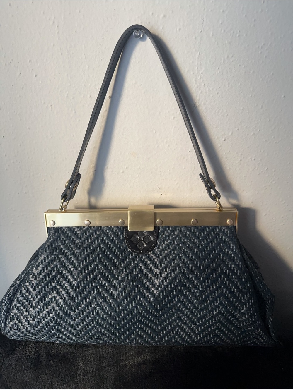 Patricia Nash Dark Gray Woven Chevron Clutch with Gold Frame